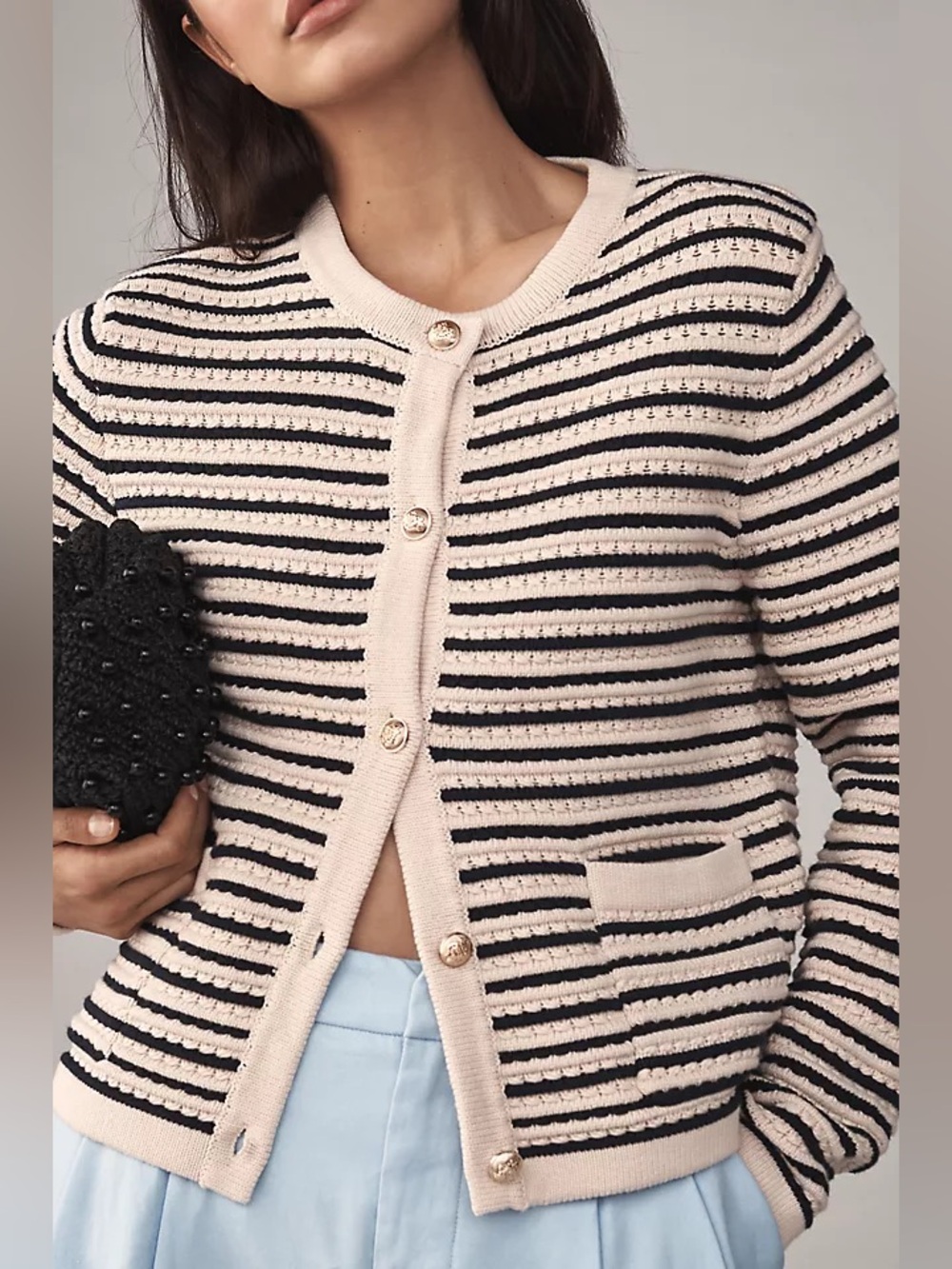 Anthropologie NVLT Striped Knit Lady Jacket Gold Button Cardigan Old Money XSP
